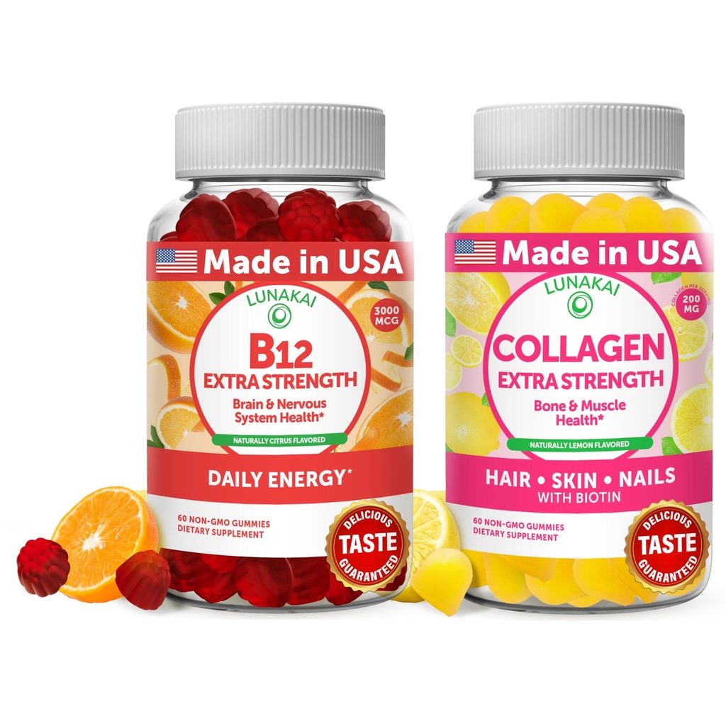 Lunakai 비타민 B12와 교원질 Gummies 뭉치 - 3000 mcg Methylcobalamin 높은 흡수 에너지 Gummies - 남자 & 여자를 위한 비 GMO 노화 방지 보충교재 - 30 일 공급