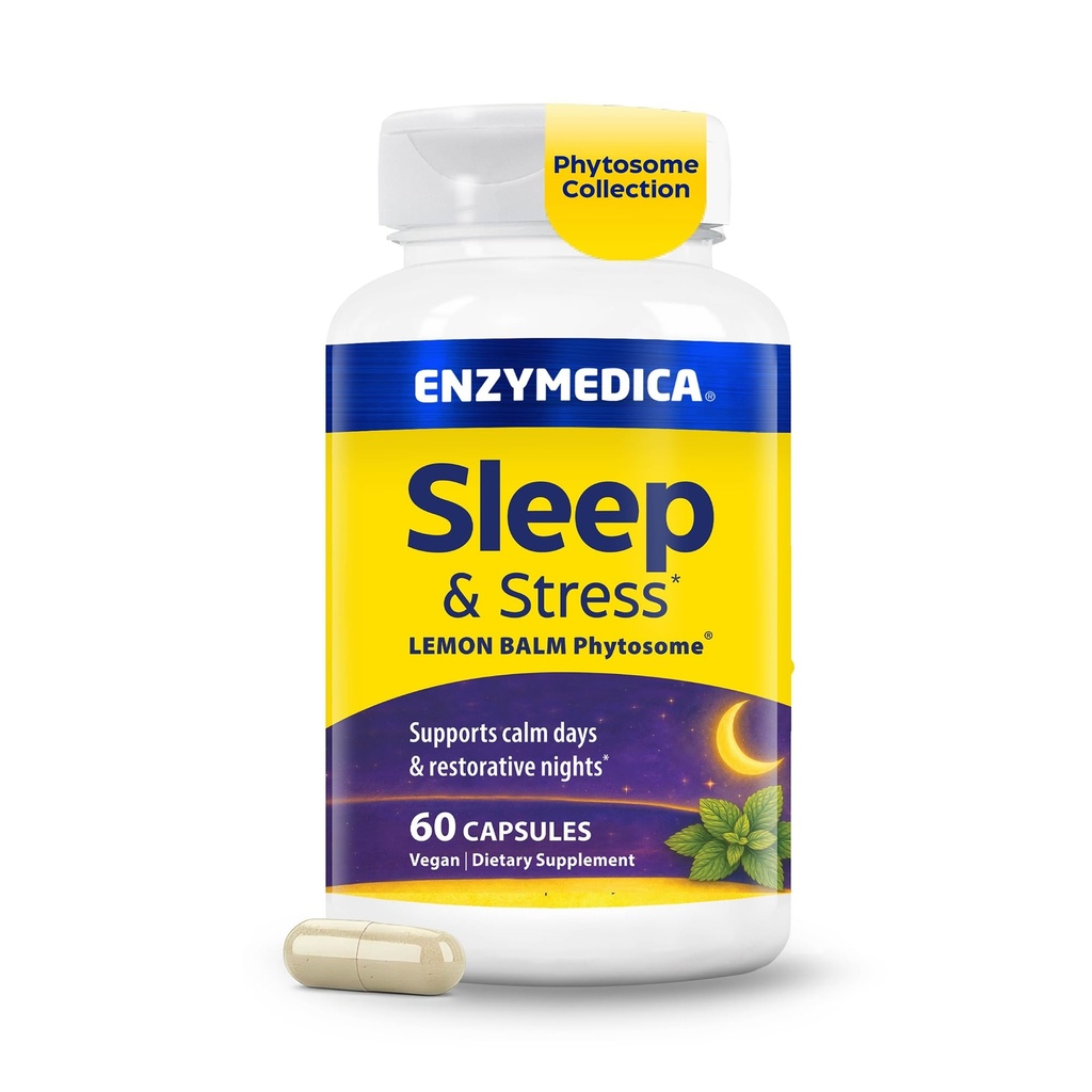 Enzymedica Sleep & Stress Lemon Balm Phytosome Capsules for Men & Women - Lemon Balm Supplement for Adults, Natural Calm & Relaxation Support, Vegan, Gluten Free - 60 Caps