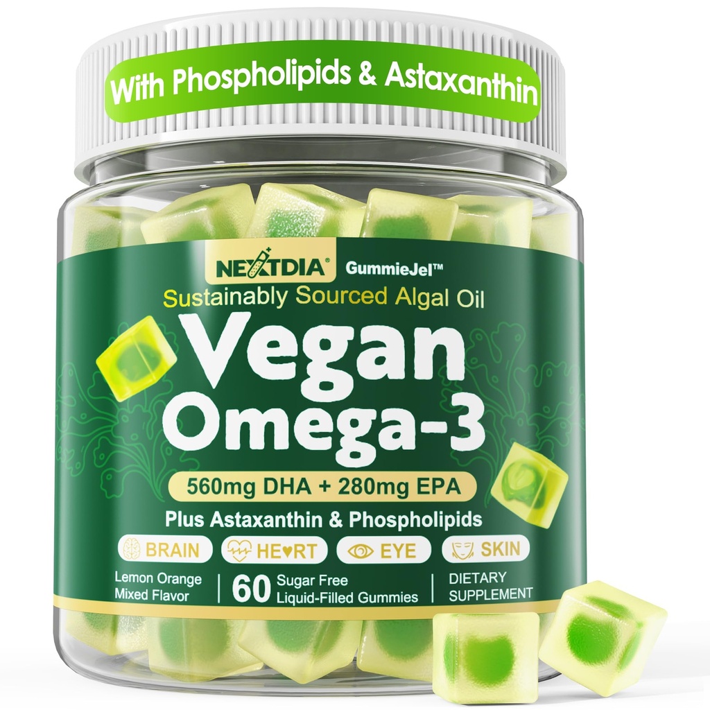 Vegan Omega 3 Gummies + Phospholipids, Astaxanthin, 비타민 D3, DHA 560mg & EPA 280mg의 뇌, 눈, 피부 및 전반적인 건강을 위한 성인 & 아이를 위한 물고기 자유로운 조류 오메가 3 보충교재, 설탕 자유로운, 60 Cts