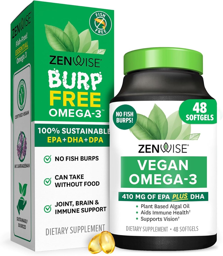 Zenwise 건강 Vegan 오메가 3 보충 - DHA, EPA 및 DPA 지방산과 Burpless 오메가 3 보충 - Sustainably Sourced Marine Algae Oil의 생선 기름 대안 - 48 Softgels