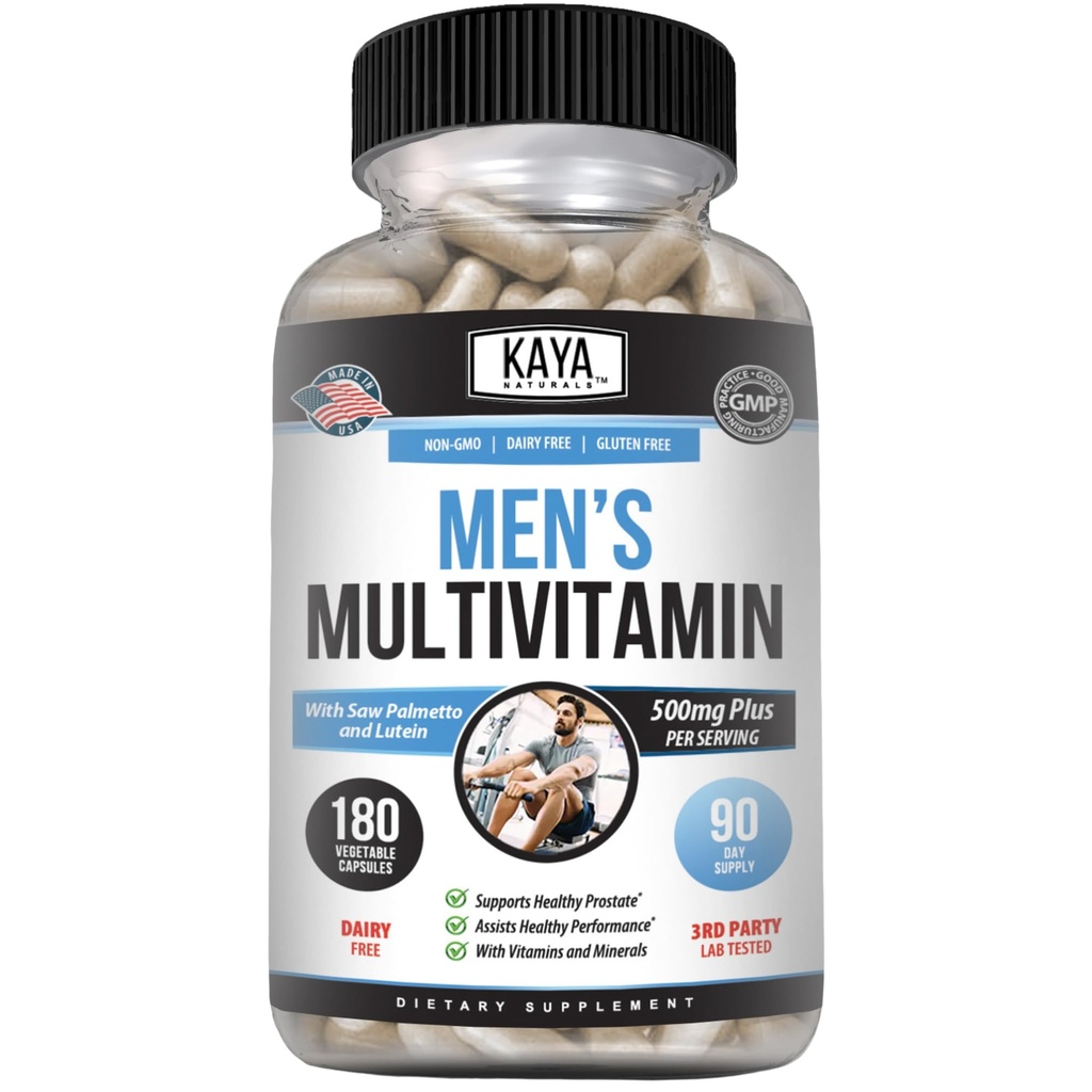 Kaya Naturals Multivitamin for Men - 남성 전립선 Multivitamin - 멀티 미네랄 일일 보충 - 남성을위한 알약 - 건강한 전립선 지원 - Vitaminas para Hombres - 180 Veggie 캡슐