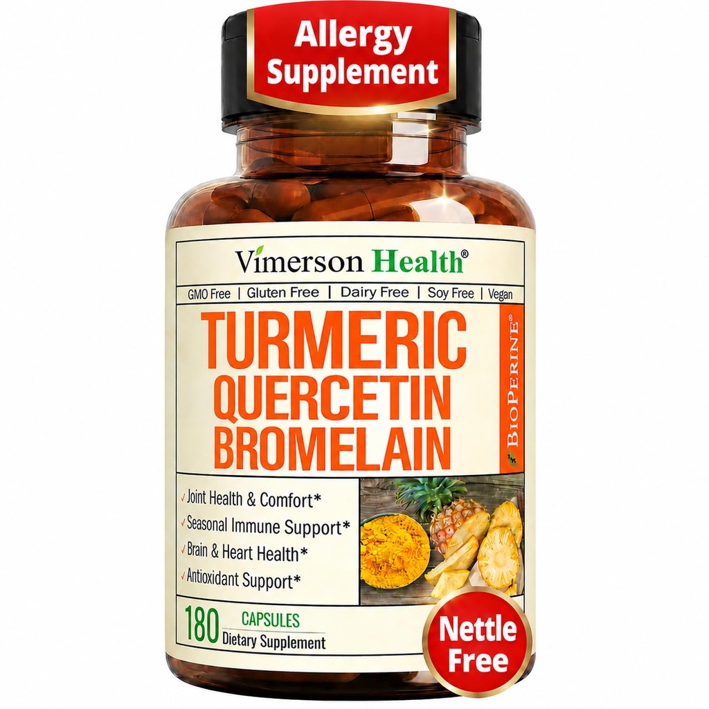 Bromelain Turmeric Curcumin 보충과 Quercetin - 알레르기 완화, 관절 및 면역 지원 - 블랙 페퍼 (비슈틴)과 유기 심황 보충 - 180 Quercetin 500mg 캡슐