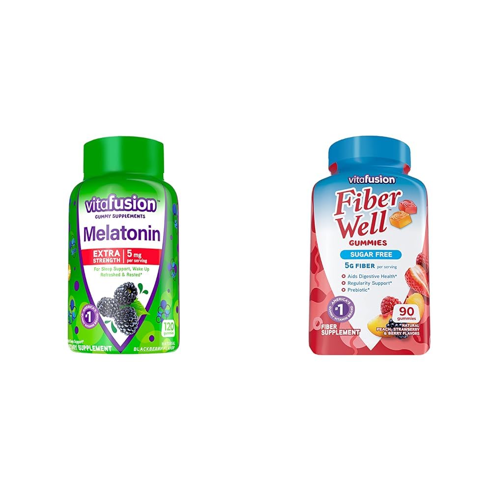 Vitafusion Extra Strength Melatonin Gummy Vitamins, 5mg, 120ct Gummies & Fiber Well Sugar Free Fiber Supplement, Peach, Strawberry 및 BlackBerry flavored Supplements, 90 카운트