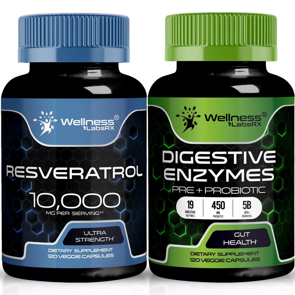 WELLNESS LABSRX Resveratrol 캡슐 10,000mg - 소화 효소 450mg