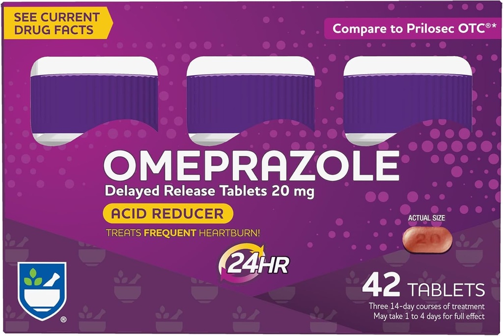 Rite Aid 산성 흡진기 Omeprazole 지연 방출 정제 - 20 mg, 3 병, 14 각 (42 조사 합계), Unflavored, Heartburn 구호, Heartburn 약, 치료 Frequent Heartburn