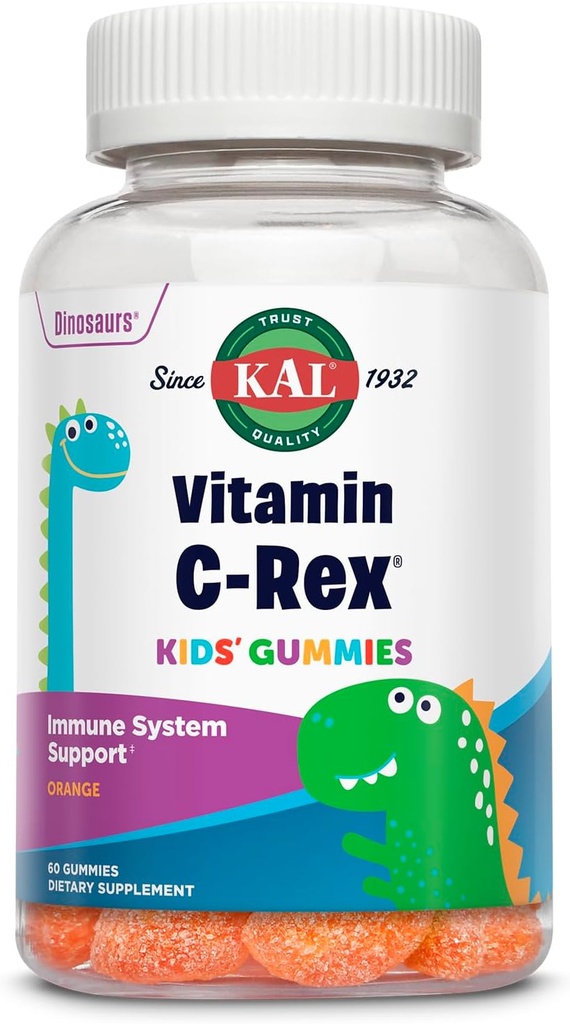 KAL 비타민 C-Rex Kids’ Gummies, 아이를 위한 비타민 C Gummies, 건강한 면역, 뼈, 근육 & 피부 지원 비타민 C Gummy, Vegan, 글루텐 무료, 60 일 돈 뒤 보증, 30 봉사, 60 Gummies