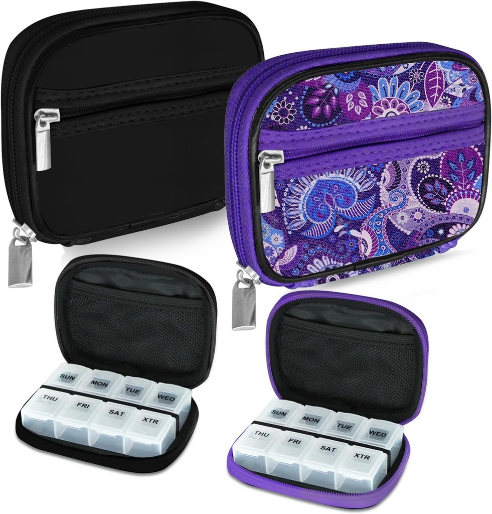 Serfeymi Weekly Travel Pill 주최자 Pill Case for Purse with Removable 7 Day Pill Box, 의학, 비타민, 보충교재를위한 유행 여행 의학 주최자 Pill Container - 검정 01 + 보라색 01