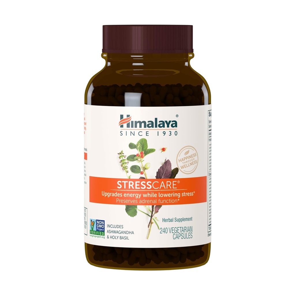 히말라야 StressCare 초본 보충, 스트레스 완화 지원, 에너지 지원, Relaxation, Occasional Sleeplessness, Ashwagandha, Bas Holyil/Tulsi, Gotu Kola, Non-GMO, 채식, 240 캡슐