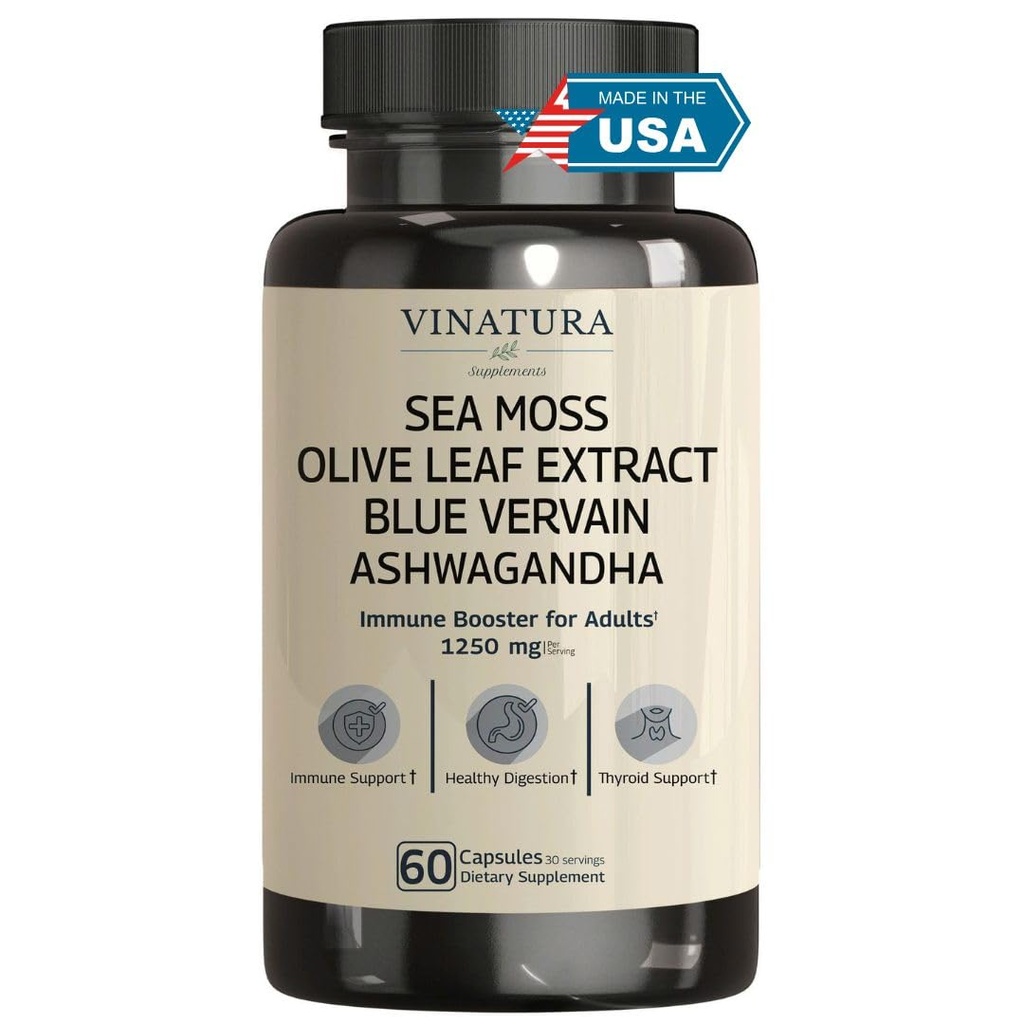 VINATURA Organic Sea Moss, Blue Vervain - 검은 씨앗 오일, Ashwagandha, Ginger, Burdock Root Capsules - 서빙 당 1250mg, *USA Made &Tested * 성인용 면역 부스터