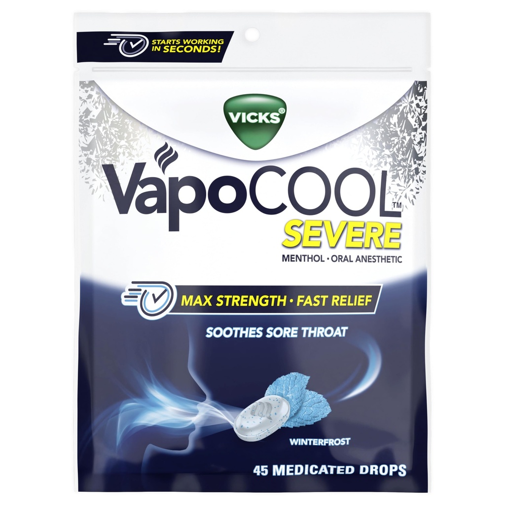 Vicks VapoCool Severe Medicated Sore Throat Drops, 최대 힘 Menthol, Soothes Sore Throat Pain, Winterfrost 맛, 45ct