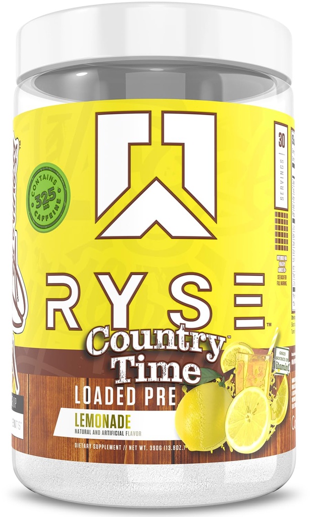 RYSE로드 사전 운동 분말 - 국가 시간 Lemonade - 325mg Caffeine, Beta Alanine 및 Citrulline 펌프, 초점 및 에너지를위한 남성 및 여성을위한 매일 사전 운동 - 30 서빙