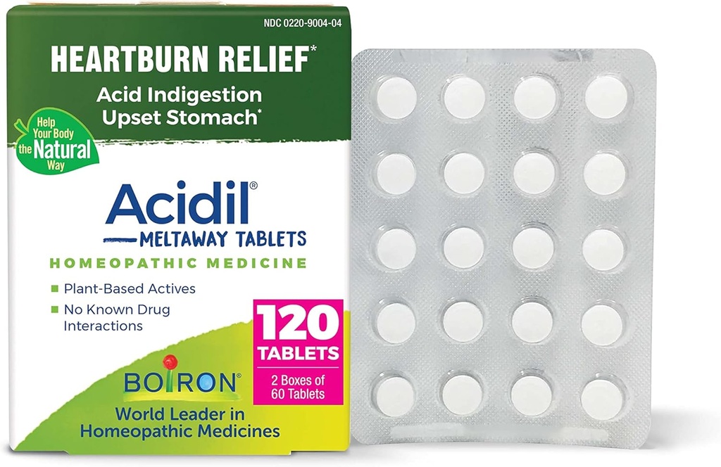 산 Reflux, Heartburn, Indigestion 및 Upset Stomach의 기복을 위한 Boiron 산성 정제 - 120 조사 (2 팩의 60)
