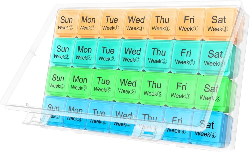 큰 월간 알약 주최자 28 주간 Medication 주최자 스토리지,Extra 대형 Compartments Dust-Proof Pill Case Medication Reminder Travel Container for Vitamins/Fish Oil/Supplements