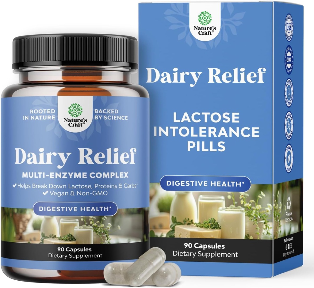 Lactose Intolerance 약 90 일 공급 - 빠른 행동 낙농장 소화 효소 - 소화를 위한 낙농장 기복 알약, 부유물, 가스 및 탄 단백질 - 락토스 Intolerance를 위한 소화 보충교재