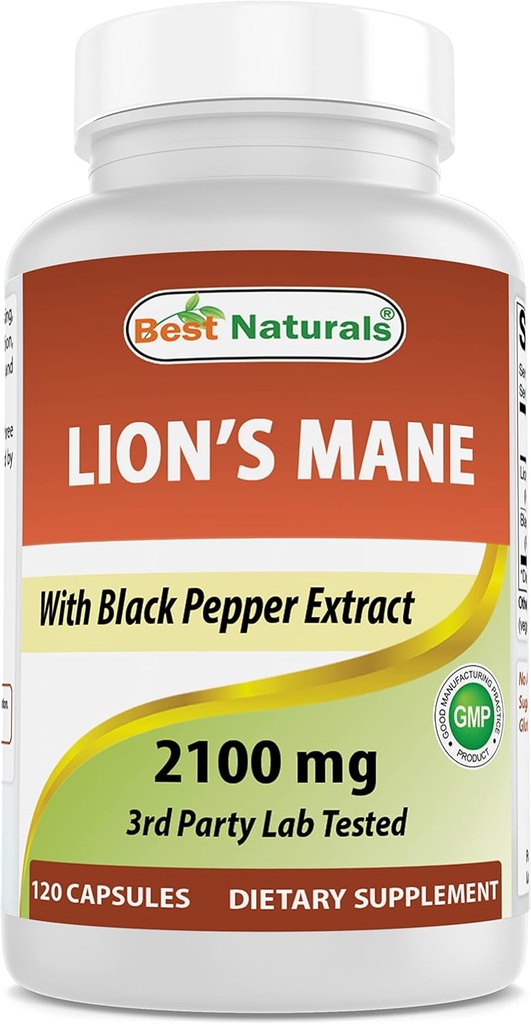 최고의 Naturals Lions Mane 버섯 보충 2100mg - 120 캡슐 - 지원 Mental Clarity, Focus & Immune 건강 - 최대 흡수를위한 Black Pepper 추가