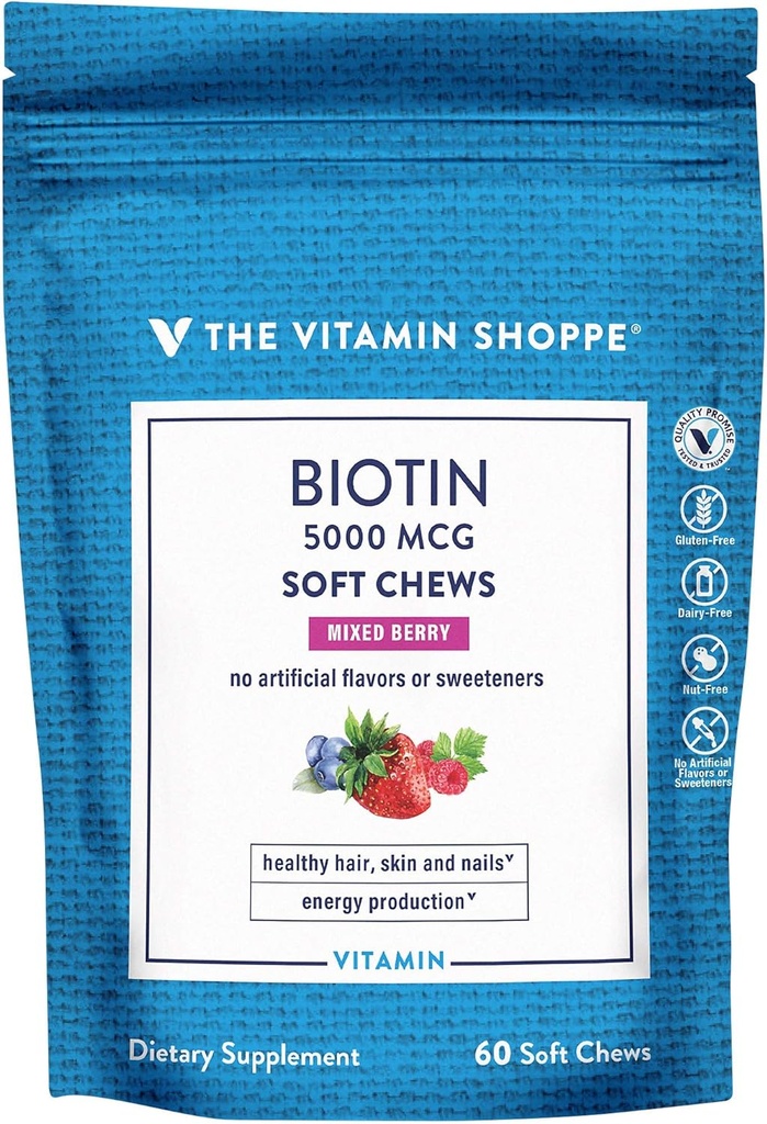 머리, 피부 & 못 지원을 위한 비타민 Shoppe Biotin 연약한 Chews - 5,000mcg - 혼합 Berry (60 연약한 Chews)