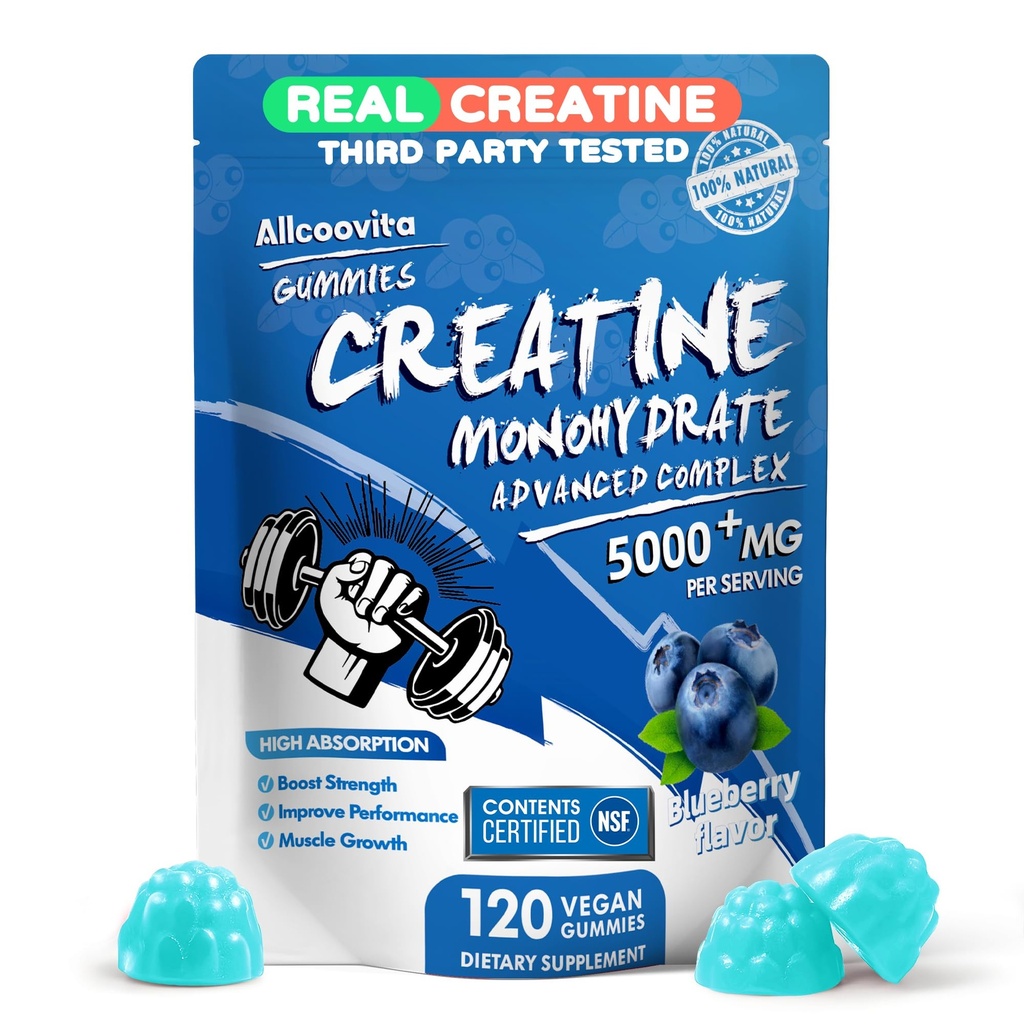 Creatine Monohydrate Gummies Complex for Men & Women - 120 Gummies Advanced Formula, L-Taurine + 비타민 B12 근육 강도, 근육 빌더, 에너지 부스트, 사전 운동 보충 - 블루 베리