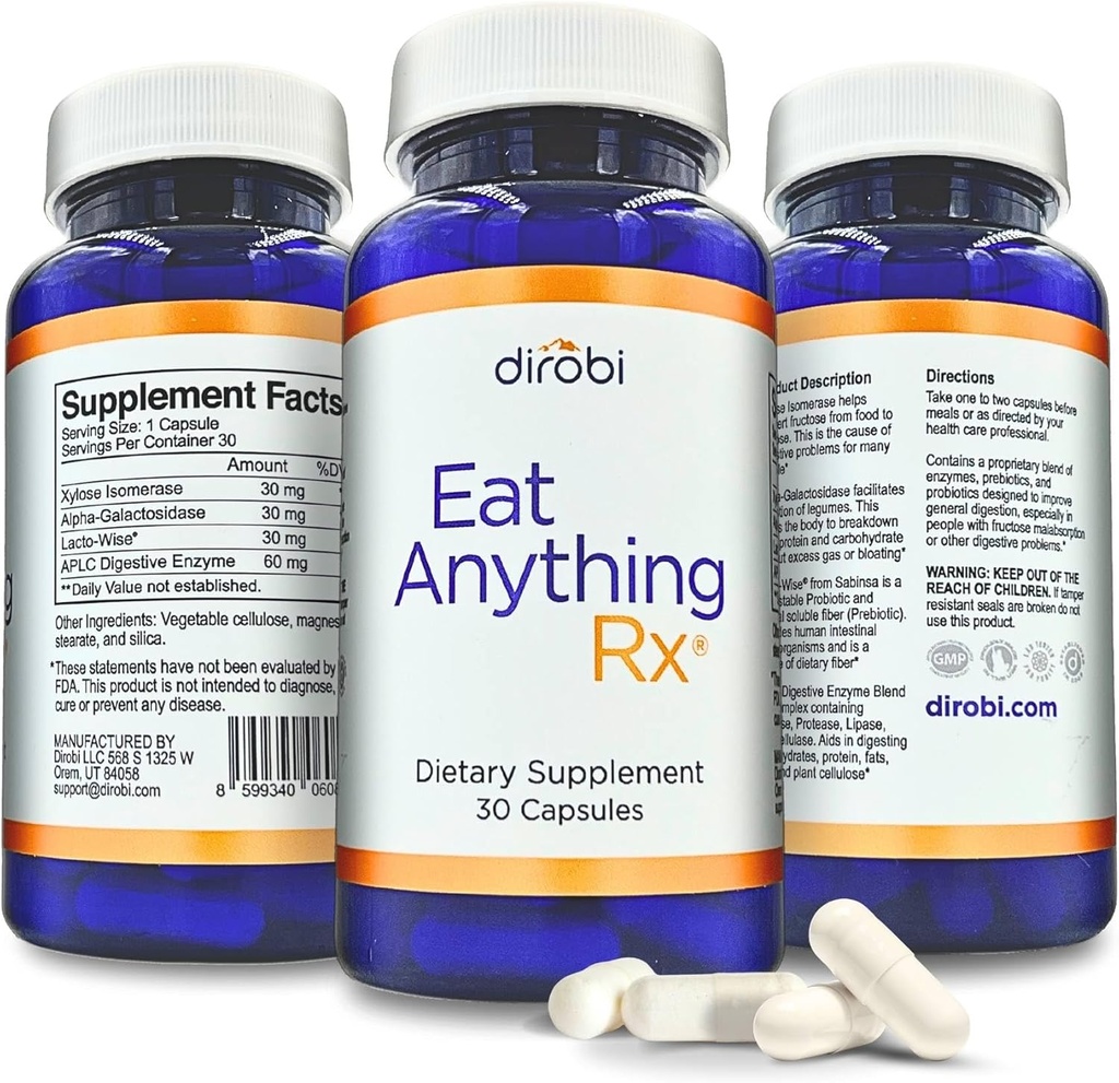 Dirobi는 아무것도 Xylose Isomerase Fructose Malabsorption 효소, FODMAP 보충교재, 더 나은 Lactose, 지방, 단백질 & 탄수화물 소화 가스 & bloating 30의 캡슐을 위한 소화 효소 효소를 먹습니다