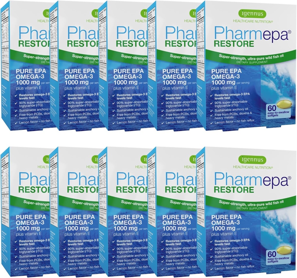 Igennus Pharmepa Restore, 순수한 EPA 1000mg의 Omega 3 rTG 물고기 기름, 증명되는 IFOS, 높은 흡수, 90% 농도 세 배 힘, 야생 & 지속 가능한, 레몬 풍미, 10 달 공급, 10의 팩