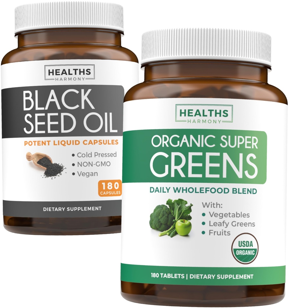 Black Seed Oil & Organic Super Greens (3 개월 공급) Seed & Sprout Bundle of Black Seed Oil (180 캡슐) Cold-Pressed Nigella Sativa & Organic Super Greens Powder (180 정제) Complete Superfood