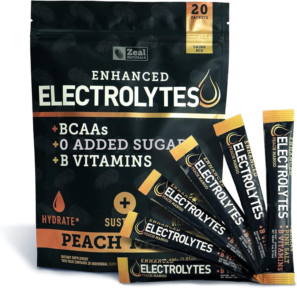 강화된 전해질 분말 (Peach Mango 20pk.) w 0 설탕 +BCAAs +B-Vitamins Hydrolyte 보충교재 w 칼륨 아연 & 마그네슘 - Keto Electrolytes