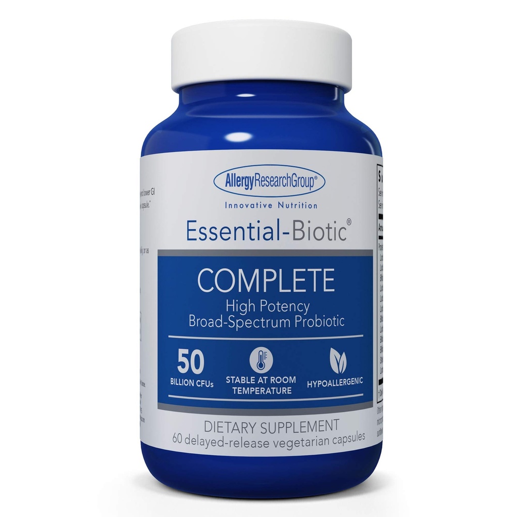Allergy Research Group Essential-Biotic Complete Supplement - 남성 및 여성을위한 높은 Potency Probiotics, Gut & Digestive Health, 50 억 CFUs, Delayed-Release Vegetarian 캡슐 - 60 개