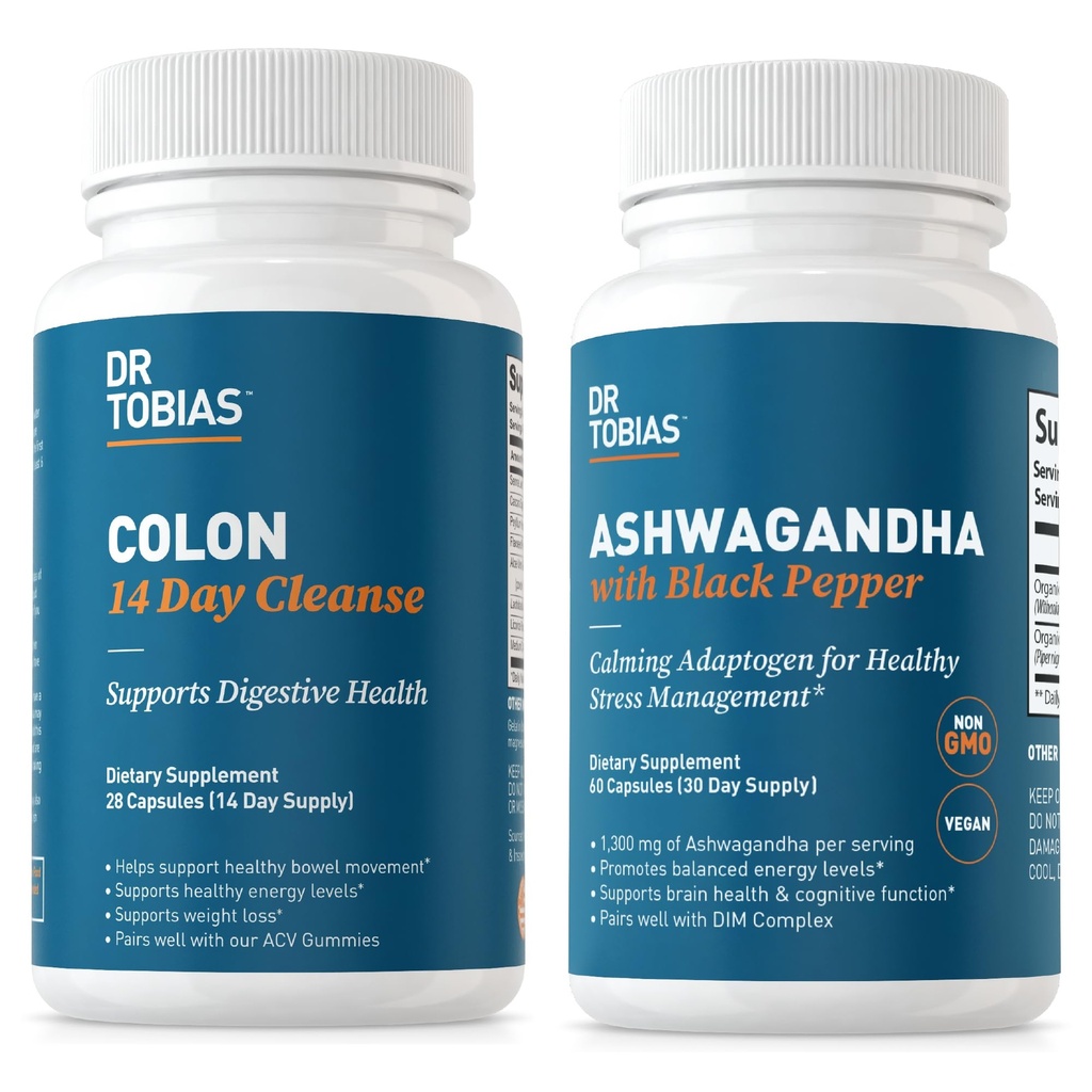Tobias Colon 14 Day Cleanse 및 Ashwagandha 캡슐, Colon Cleanse Detox 및 Calming Adaptogen, 에너지 및 면역 건강 지원, 비 GMO
