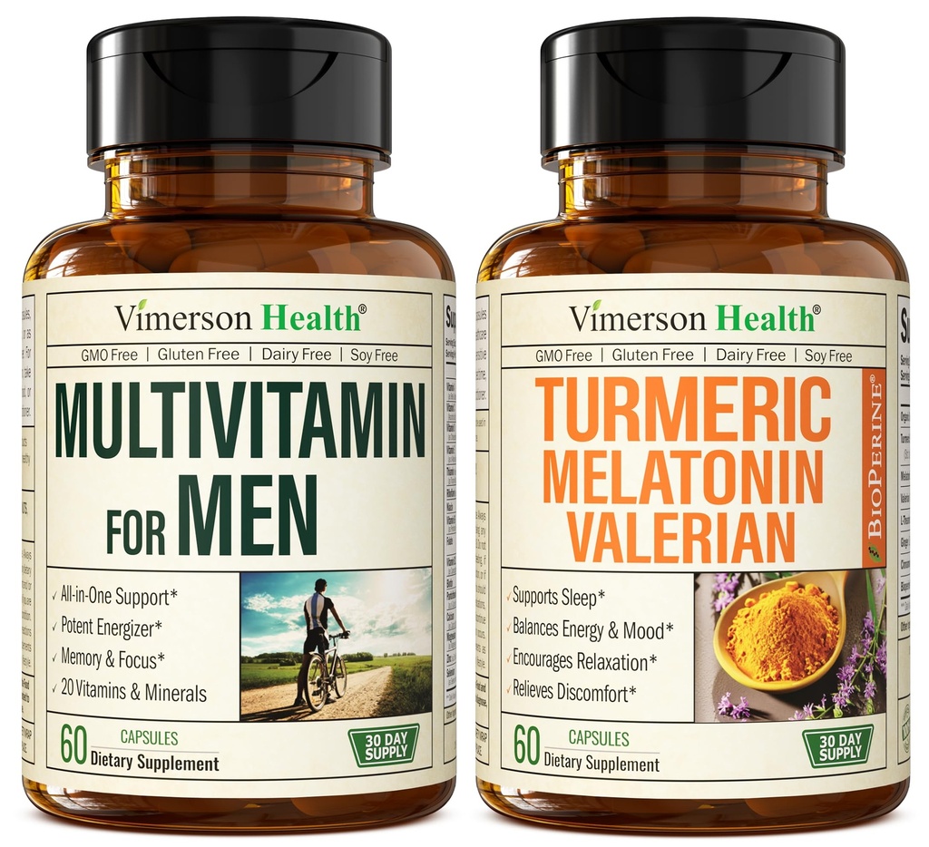 Mens Multivitamins + Turmeric Melatonin Valerian 번들은 합동 지원과 불편 구호, 면역력 & 염증 응답을 위해