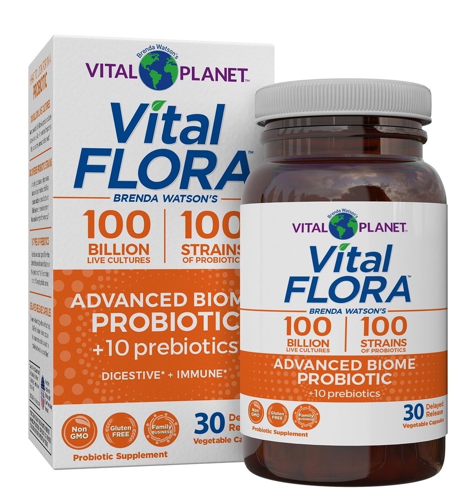 Vital Planet - Vital Flora Advanced Biome Probiotic 100 Billion CFU, 100 Diverse Strains, 10 Organic Prebiotics, Immune Support, Colon 및 Digestive Health Probiotics 여성 및 남성 30 캡슐
