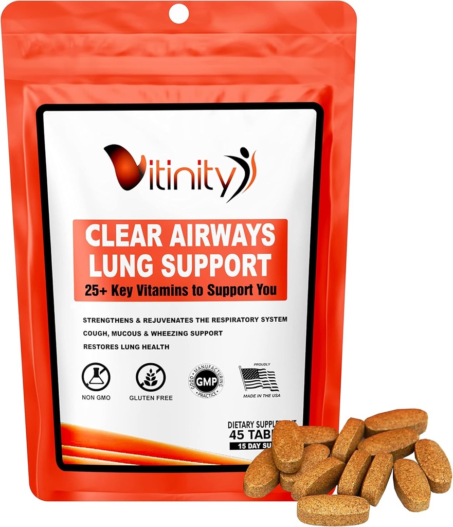 VITINITY Lung Cleanse 호흡 면역 지원 보충교재, 호흡을 위한 25+Key 성분 Lung 건강 Detox, 아스토마, 계절 알레르기 정제 (15 일)