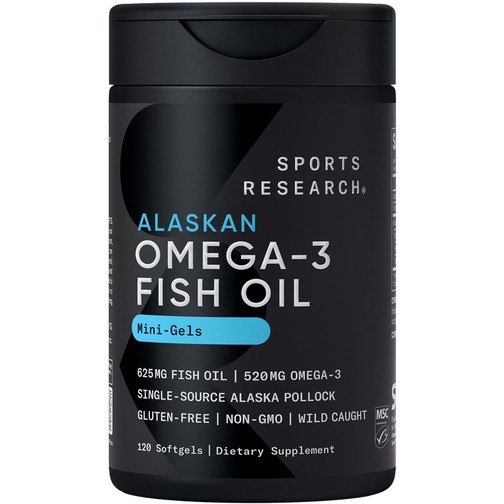 스포츠 연구 물고기 기름 Mini-Softgels - 야생 잡힌 알래스카 Pollock - 625mg, 120 Softgels의 삼백 오메가-3 지방산에 쉽게