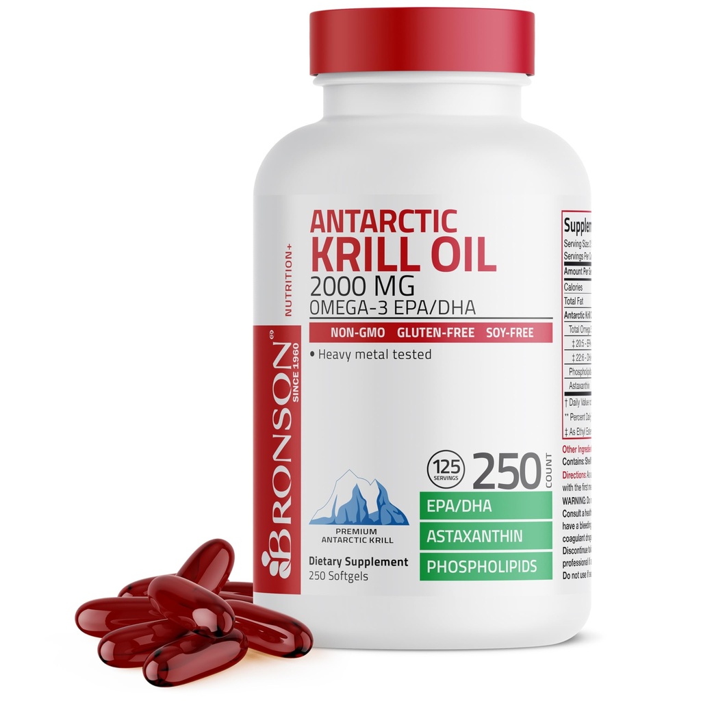 Bronson Antarctic Krill 기름 오메가-3s EPA, DHA, Astaxanthin 및 Phospholipids, 250 Softgels (125의 봉사)를 가진 2000 mg