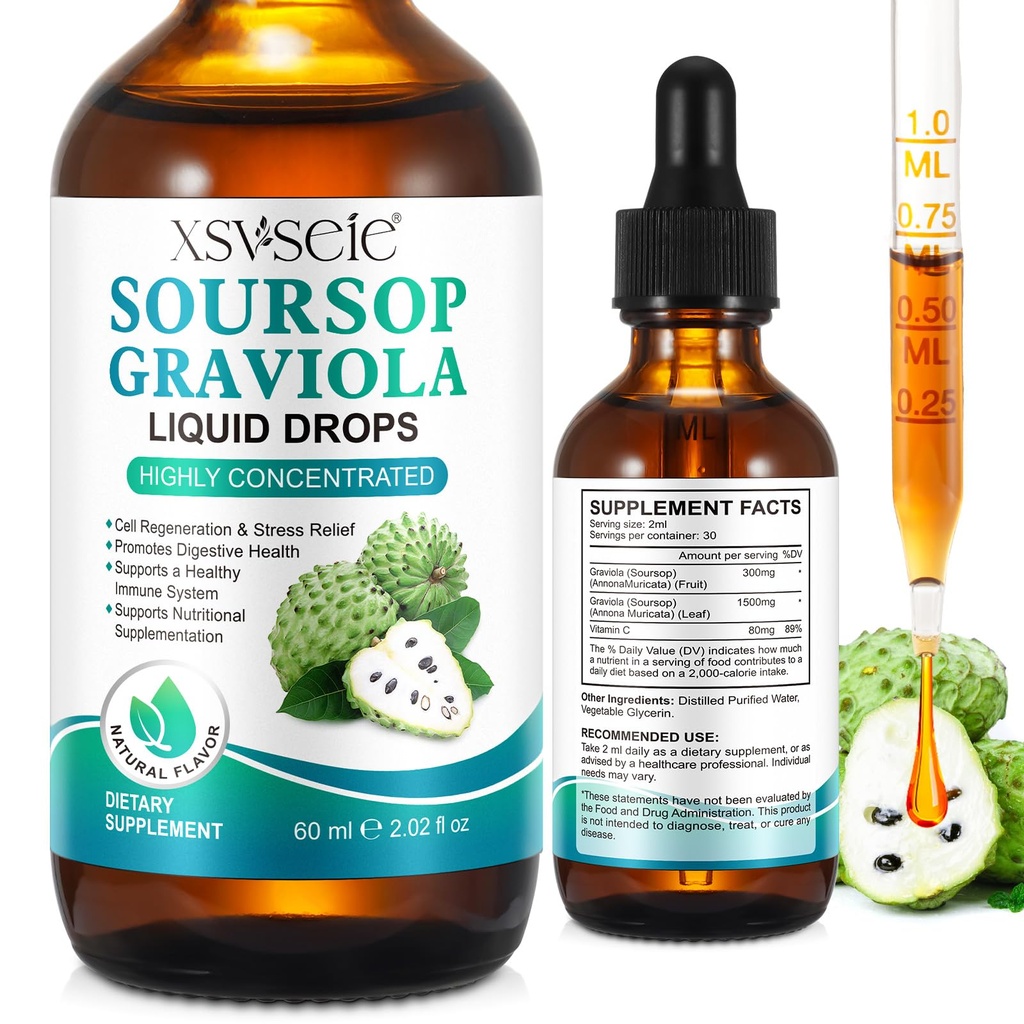 Soursop Graviola 액체 드롭, Soursop 오일 지원 및 재생, 면역 부스트, 휴식, 라이브 및 수면, Soursop Bitters 액체, Vegan, 설탕 & 글루텐 무료, 자연 풍미, 남성 및 여성 - 2 Fl Oz