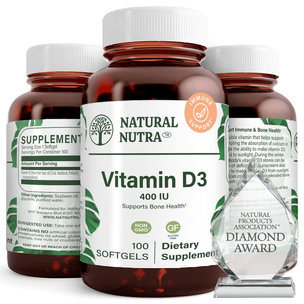 Natural Nutra Supreme Vitamin D3 400 IU Softgels, Boost Immune, 지원 Lungs 건강, 선샤인 비타민, 도움 개선 심장 혈관 건강, 뼈와 치아 힘, 글루텐 - 무료, 100 Softgels