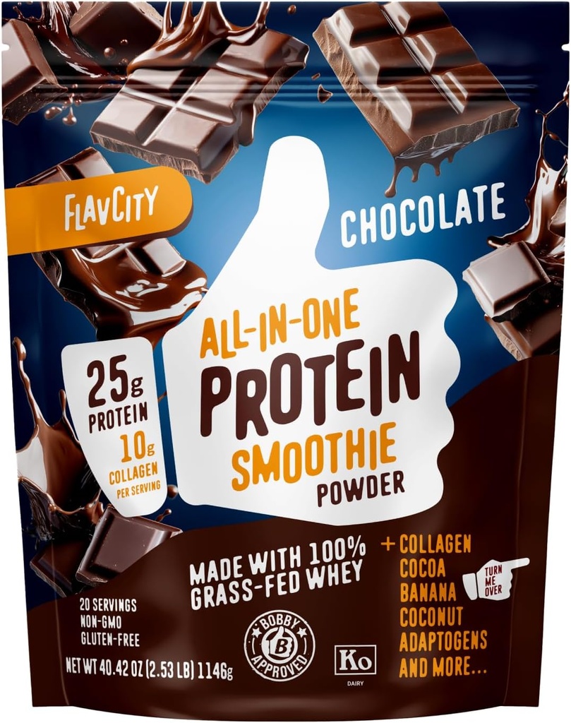 FlavCity Grass Fed Whey Chocolate Protein Powder - 25g Protein & 10g Collagen - 유기 코코아, 바나나 및 코코넛 밀크로 만든 - 글루텐 무료 및 추가 설탕 (20 인분)