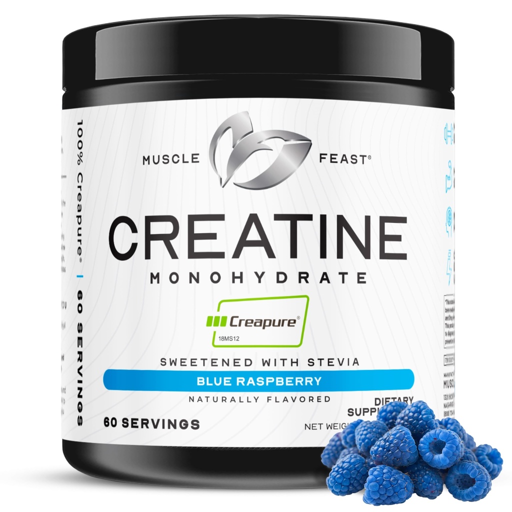근육 Feast Creapure 크레아틴 Monohydrate 분말, Vegan Keto 친절한 글루텐 자유로운, 근육 회복 보충교재 및 근육 성장을 위한 믿을 수 있는 크레아틴, 맛 있는 크레아틴, 자연적인 파란 나무 딸기, 300g