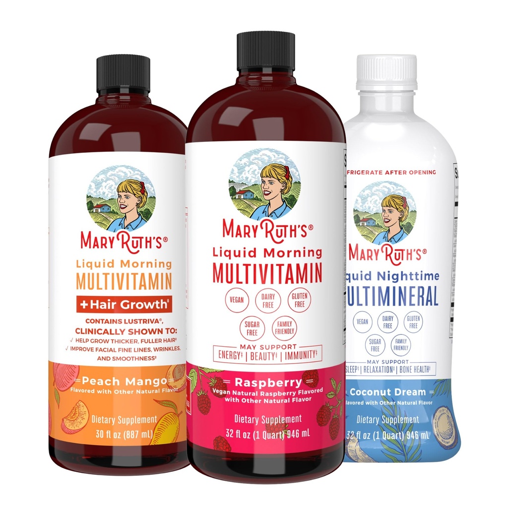 MaryRuth's Liquid Morning Multivitamins : +Hair Growth (Peach Mango), Daily Wellness (Raspberry) 및 야간 멀티민족 (Coconut) | 아름다움, 에너지, & Bedtime을위한 Vegan 비타민 | 비 GMO