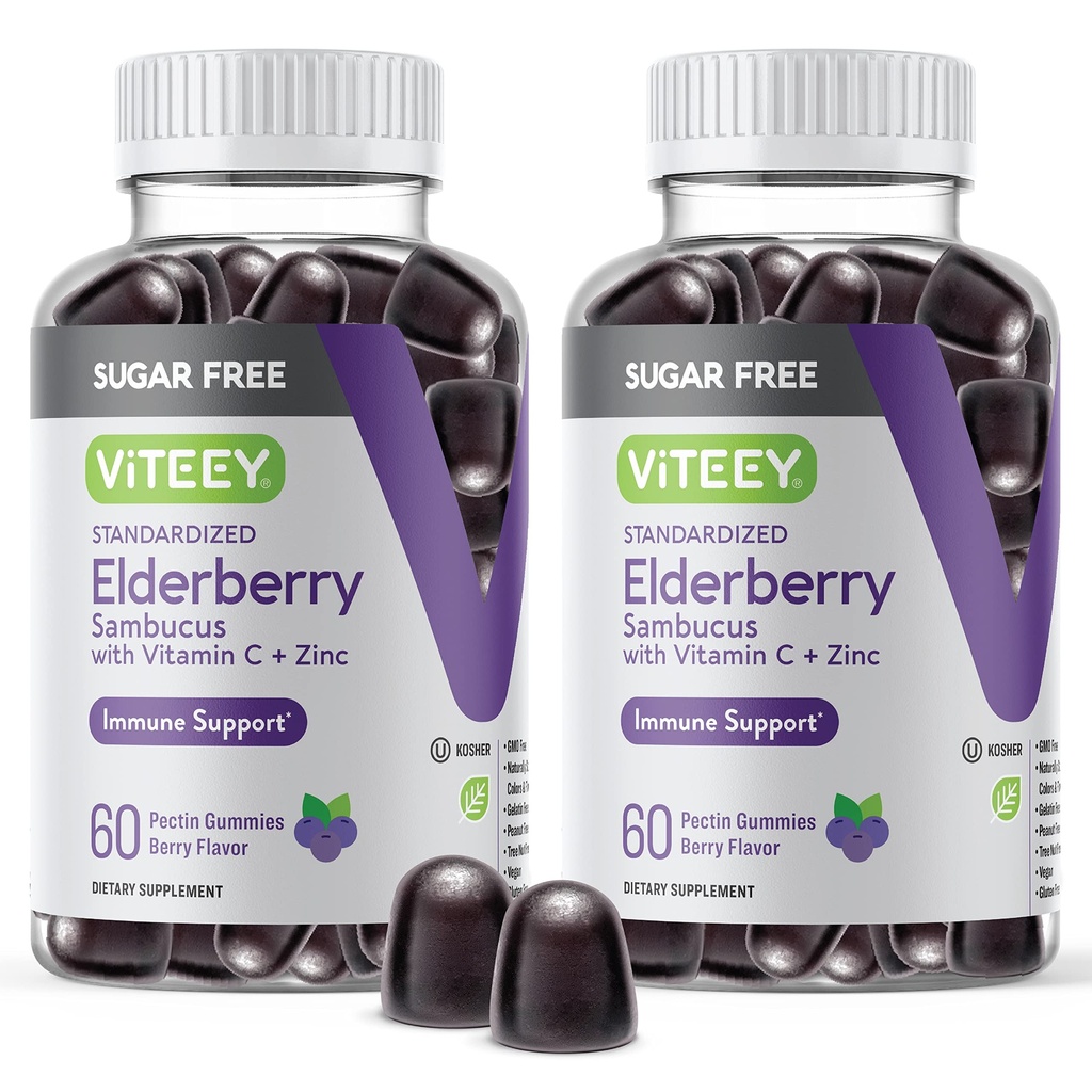 VITEEY Sambucus Elderberry Gummies 성인 & 청소년 + 아연 & 비타민 C - 설탕 무료 - 면역 지원 & 부스터 초본 보충 - Vegan, 글루텐 무료, 젤라틴 무료, GMO 무료, 체리 맛