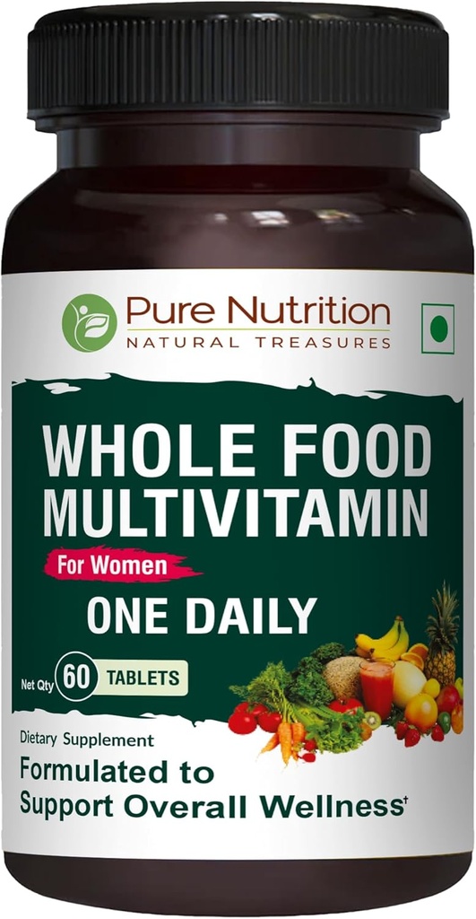 여성용 Pure Nutrition Whole Food Multivitamin | 60 Tabs | 1-A-Day | 100 % RDA | 24 Natural Vitamins and Minerals | 모든 천연 식물 기반 여성 멀티비타민 | 2 개월 공급