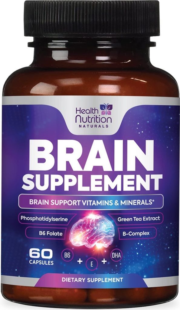 기억과 초점을위한 두뇌 보충 교재 - 농축, Alertness, Cognitive 지원을위한 추가 강도 Nootropic 캡슐 - Phosphatidylserine, DMAE, 두뇌 건강 비타민 B6 C E 아연 - 60 캡슐