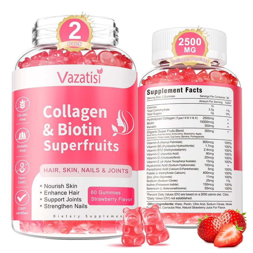 여자 남자를 위한 2 팩 설탕 자유로운 교원질 Gummies, 다 교원질 펩티드 Gummies 유형 I II III V X Biotin 비타민 A B C D E 머리 피부 못, 딸기 풍미, 120 조사
