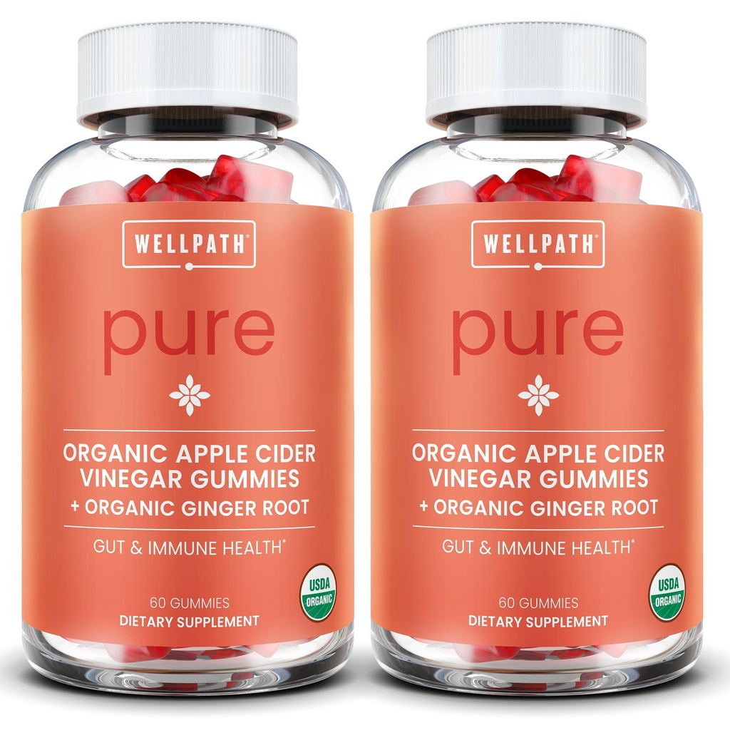 WellPath Pure ACV Gummies (2 팩) - 어머니와 Apple Cider Vinegar - Gut 건강을위한 Ginger가있는 USDA 유기 거미 | Vegan, Non-GMO, 120 Ct