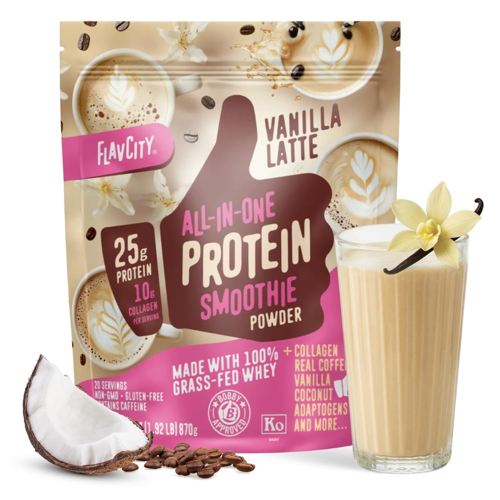 FlavCity Grass Fed Whey Protein Powder - Vanilla Latte - 25g Protein, 10g Collagen & 60mg of Caffeine - Real Vanilla Bean & Organic Coconut - 글루텐 무료 및 추가 설탕 (20 인분)