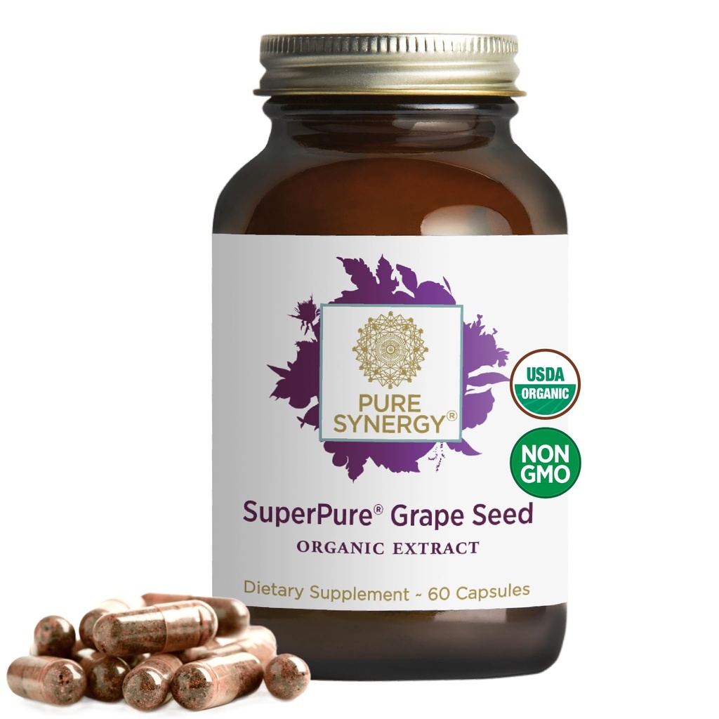 Pure Synergy SuperPure Grape Seed Extract | 유기농 포도 씨 폴리페놀 전체 과일로 보충 | 심장 건강, 피부 및 건강한 노화 지원 (60 캡슐)