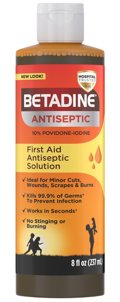 Betadine 항염증제 첫 번째 보조 솔루션, Povidone-iodine 10 %, 감염 보호, Minor에서 Germs 컷 스크랩 및 화상, Sting Promise 없음, 알코올 또는 수소 Peroxide 없음, 8 FL OZ