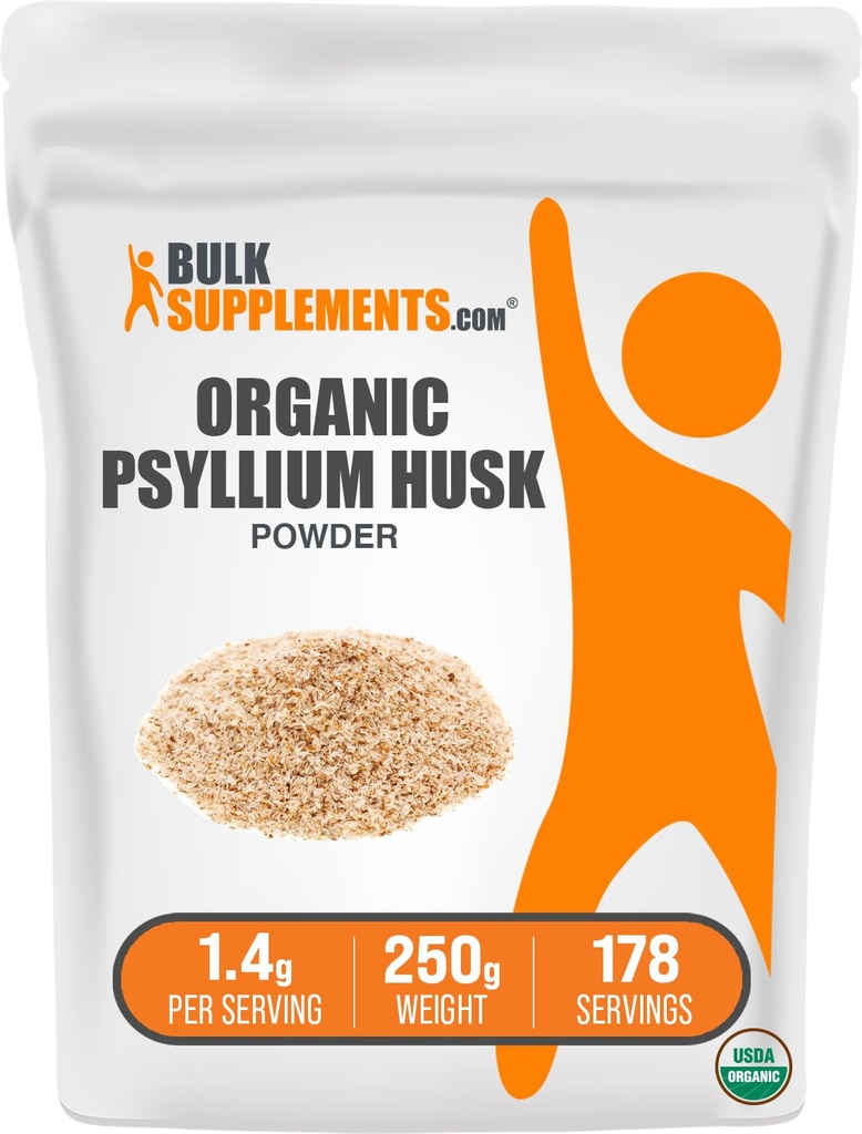 BulkSupplements.com 유기 Psyllium Husk 분말 - 베이킹, 섬유 보충을위한 Psyllium Husk 분말 - 글루텐 무료, 서빙 당 1.4g, 250g (8.8 oz) (팩 1)