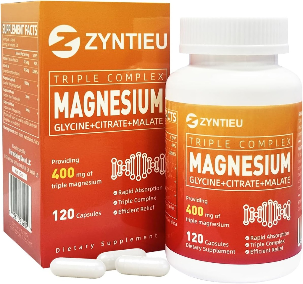 Triple Magnesium Complex | 400mg of 마그네슘 글리세라이드, 근육, Nerves & Energy용 말레이트 | 비타민 C, 비타민 C, 비타민 B6 포함|여성 및 남성(120 캡슐)