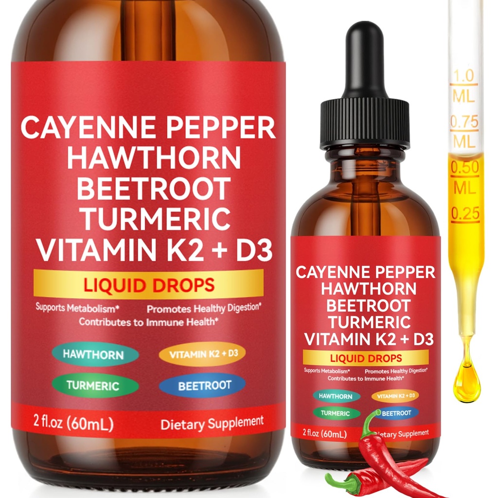 Cayenne Pepper Drops Supplement,Cayenne Pepper Liquid Drops,Cayenne Health Supplements,Support Vitamin D3 K2 Beet Root Powder,Circulatory Heath Support - 2 Fl Oz