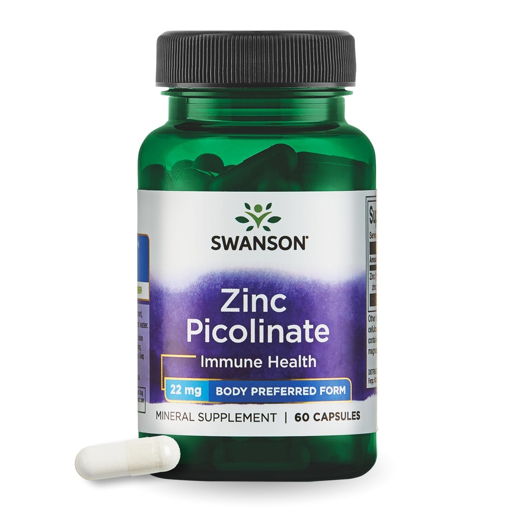 Swanson 아연 Picolinate - 전립선 건강, 비전 건강, & 면역 지원 - 킬레이트 아연의 바디 선호 형태 - (60 캡슐, 22mg 각각)