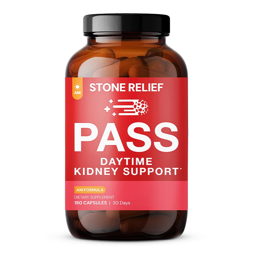 STONE RELIEF Pass AM - 구호, 편안함 및 증가 된 흐름 (180 캡슐 + 스톤 캐처 + 인쇄 가이드북)에 대한 주간 초본 신장 지원